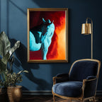 Fire Horse archival fine art print framed in a gilded frame which complements the orange and red hues of the smoke for a dramatic interior decor wall art statement that contrasts beautifully with the blue tones of the horse, paint, and accent chair.