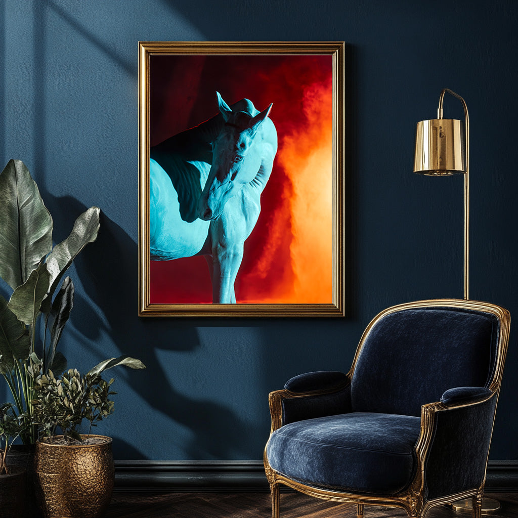 Fire Horse archival fine art print framed in a gilded frame which complements the orange and red hues of the smoke for a dramatic interior decor wall art statement that contrasts beautifully with the blue tones of the horse, paint, and accent chair.
