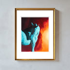 Fire Horse archival fine art print with museum grade matting and framed in a gilded frame which complements the orange and red hues of the smoke for a dramatic interior decor wall art statement.